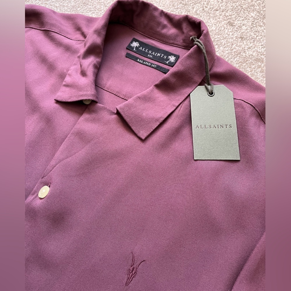 NWT Mens All Saints Relaxed Fit Short Sleeve Button Up Shirt Maroon XXL Viscose